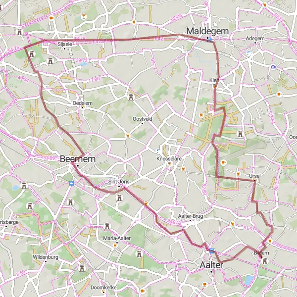 Miniatuurkaart van de fietsinspiratie "Gravelroute naar Bellem en omgeving" in Prov. Oost-Vlaanderen, Belgium. Gemaakt door de Tarmacs.app fietsrouteplanner