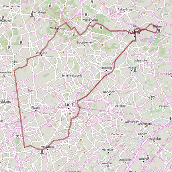 Miniature de la carte de l'inspiration cycliste "Les Champs de Flandre Gravel Ride" dans la Prov. Oost-Vlaanderen, Belgium. Générée par le planificateur d'itinéraire cycliste Tarmacs.app