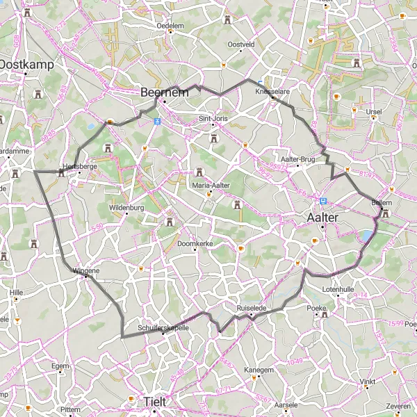 Map miniature of "Ruiselede Round-trip" cycling inspiration in Prov. Oost-Vlaanderen, Belgium. Generated by Tarmacs.app cycling route planner