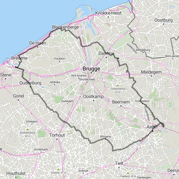 Miniature de la carte de l'inspiration cycliste "Le Tour des Tours Road Cycling" dans la Prov. Oost-Vlaanderen, Belgium. Générée par le planificateur d'itinéraire cycliste Tarmacs.app
