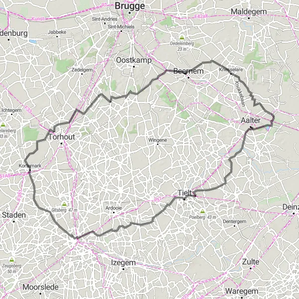 Map miniature of "Ardooie and Kortemark Exploration" cycling inspiration in Prov. Oost-Vlaanderen, Belgium. Generated by Tarmacs.app cycling route planner