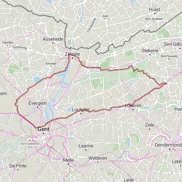 Miniatuurkaart van de fietsinspiratie "Grindpaden van Lokeren naar Zelzate" in Prov. Oost-Vlaanderen, Belgium. Gemaakt door de Tarmacs.app fietsrouteplanner
