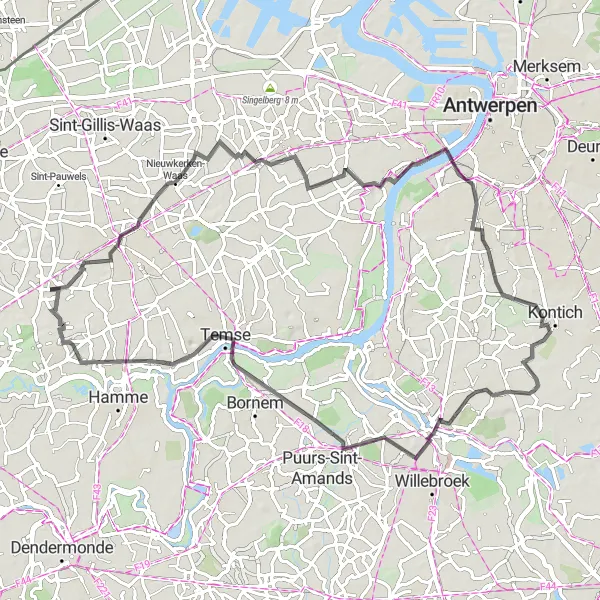 Map miniature of "Challenging Waasland Ride" cycling inspiration in Prov. Oost-Vlaanderen, Belgium. Generated by Tarmacs.app cycling route planner