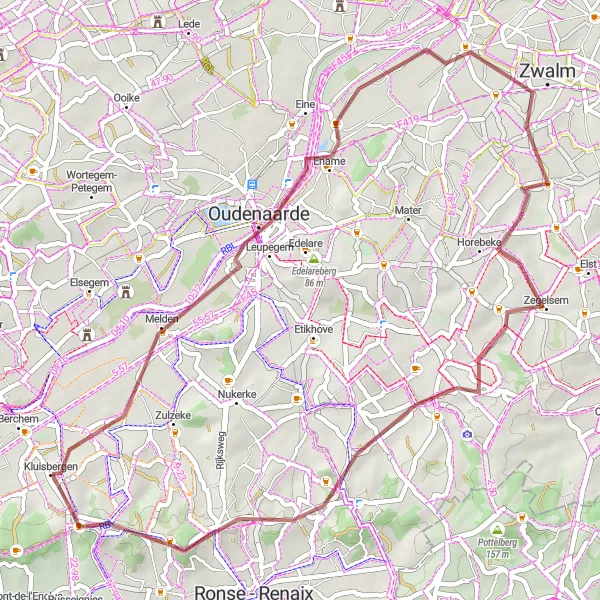 Miniatuurkaart van de fietsinspiratie "Gravelavontuur door de heuvels" in Prov. Oost-Vlaanderen, Belgium. Gemaakt door de Tarmacs.app fietsrouteplanner