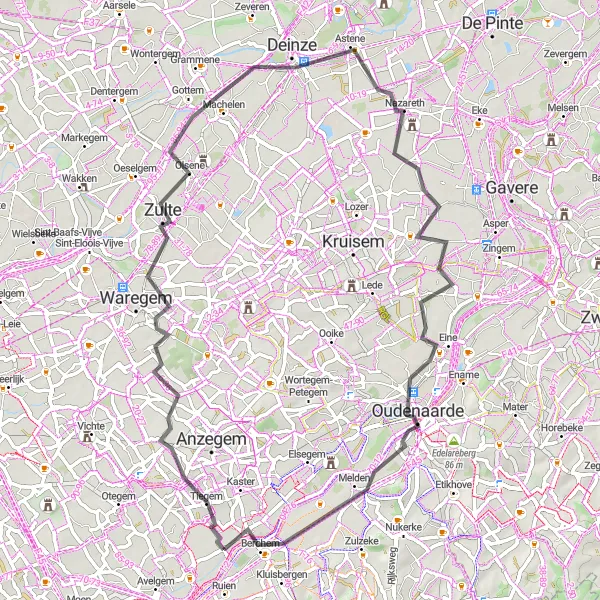 Map miniature of "Road route through Tiegem, Tiegemberg and Kerkhove" cycling inspiration in Prov. Oost-Vlaanderen, Belgium. Generated by Tarmacs.app cycling route planner