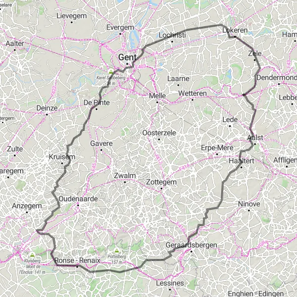 Map miniature of "Road route through Wortegem-Petegem, Ooikeberg and Aalst" cycling inspiration in Prov. Oost-Vlaanderen, Belgium. Generated by Tarmacs.app cycling route planner