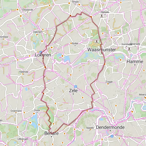 Miniatuurkaart van de fietsinspiratie "Gravelroute Berlare - Lokeren - Mont Henri - Waasmunster" in Prov. Oost-Vlaanderen, Belgium. Gemaakt door de Tarmacs.app fietsrouteplanner