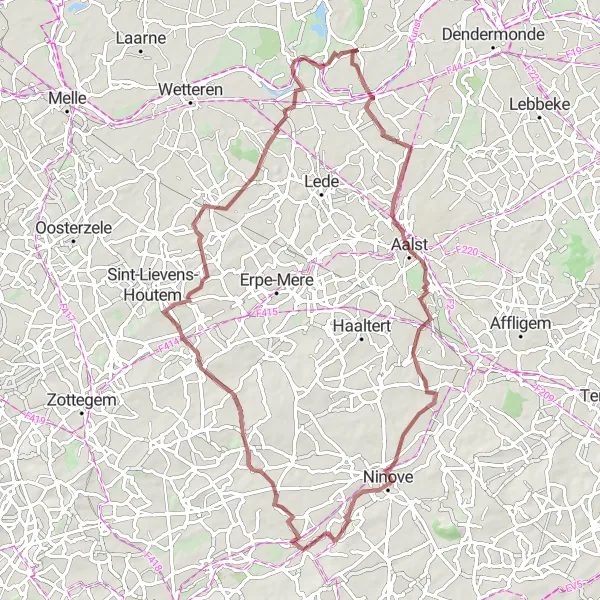Miniatuurkaart van de fietsinspiratie "Gravelroute Berlare - Aalst - Pollare - Uitbergen" in Prov. Oost-Vlaanderen, Belgium. Gemaakt door de Tarmacs.app fietsrouteplanner