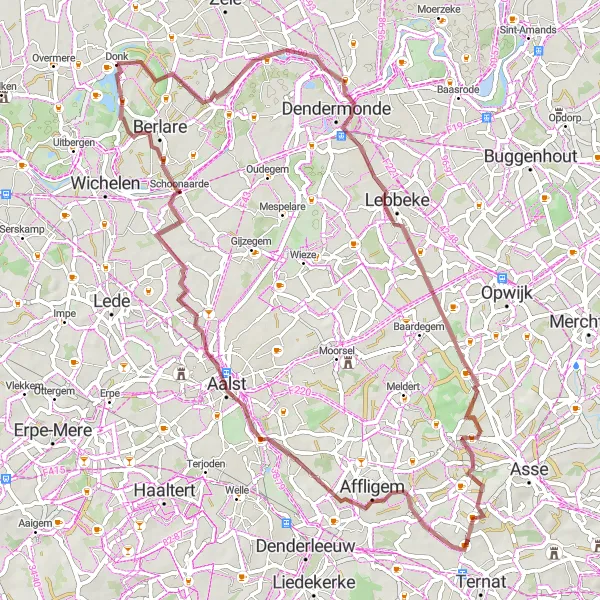Karten-Miniaturansicht der Radinspiration "Abenteuerliche Schotterwege in der Nähe von Berlare" in Prov. Oost-Vlaanderen, Belgium. Erstellt vom Tarmacs.app-Routenplaner für Radtouren