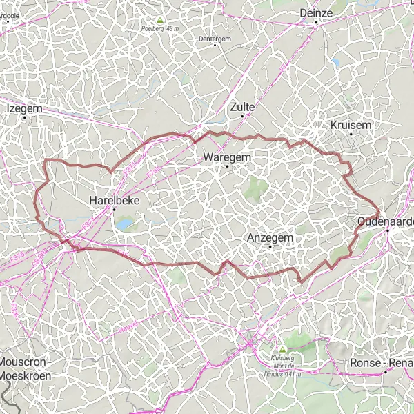 Miniatuurkaart van de fietsinspiratie "Avontuurlijke gravelroute naar Kortrijk" in Prov. Oost-Vlaanderen, Belgium. Gemaakt door de Tarmacs.app fietsrouteplanner