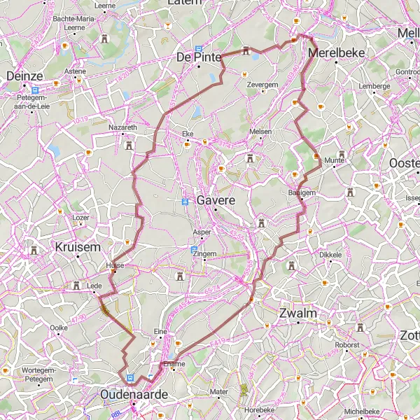 Miniatuurkaart van de fietsinspiratie "Gravelroute naar Zwijnaarde" in Prov. Oost-Vlaanderen, Belgium. Gemaakt door de Tarmacs.app fietsrouteplanner