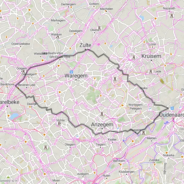Miniature de la carte de l'inspiration cycliste "Bevere - Nokereberg" dans la Prov. Oost-Vlaanderen, Belgium. Générée par le planificateur d'itinéraire cycliste Tarmacs.app