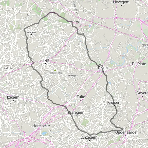 Map miniature of "Hills of Flanders" cycling inspiration in Prov. Oost-Vlaanderen, Belgium. Generated by Tarmacs.app cycling route planner