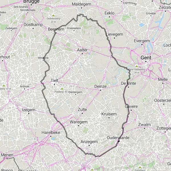Karten-Miniaturansicht der Radinspiration "Rundtour von Bevere nach Oudenaarde" in Prov. Oost-Vlaanderen, Belgium. Erstellt vom Tarmacs.app-Routenplaner für Radtouren