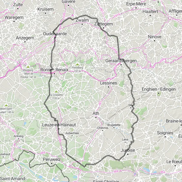 Miniatuurkaart van de fietsinspiratie "Bevere en Leuze-en-Hainaut Route" in Prov. Oost-Vlaanderen, Belgium. Gemaakt door de Tarmacs.app fietsrouteplanner