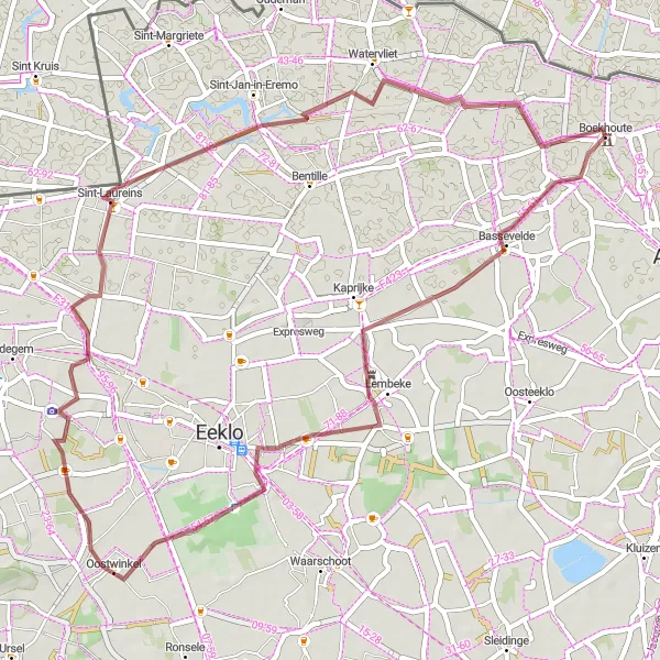 Map miniature of "Boekhoute - Kasteel van Aveschoot - Oostwinkel - Balgerhoeke - Watervliet" cycling inspiration in Prov. Oost-Vlaanderen, Belgium. Generated by Tarmacs.app cycling route planner