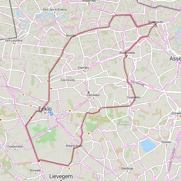 Miniature de la carte de l'inspiration cycliste "Parcours de Gravier Boekhoute - Bentille" dans la Prov. Oost-Vlaanderen, Belgium. Générée par le planificateur d'itinéraire cycliste Tarmacs.app