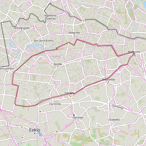 Miniatuurkaart van de fietsinspiratie "34 km Gravelroute vanuit Boekhoute" in Prov. Oost-Vlaanderen, Belgium. Gemaakt door de Tarmacs.app fietsrouteplanner