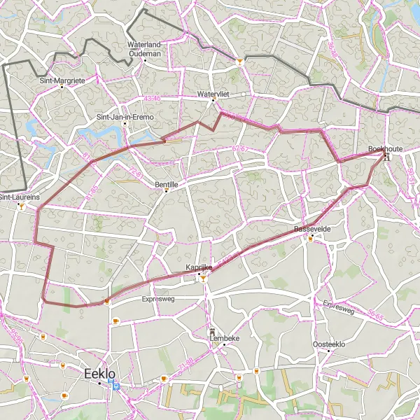 Map miniature of "Boekhoute to Watervliet Gravel Cycling Route" cycling inspiration in Prov. Oost-Vlaanderen, Belgium. Generated by Tarmacs.app cycling route planner