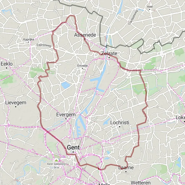 Miniatuurkaart van de fietsinspiratie "Boekhoute-Zeveneken-Oosteeklo" in Prov. Oost-Vlaanderen, Belgium. Gemaakt door de Tarmacs.app fietsrouteplanner