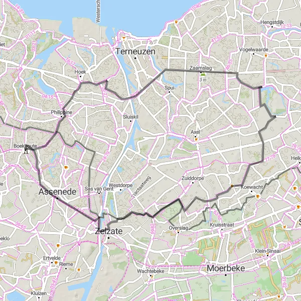 Map miniature of "Exploring Oost-Vlaanderen" cycling inspiration in Prov. Oost-Vlaanderen, Belgium. Generated by Tarmacs.app cycling route planner