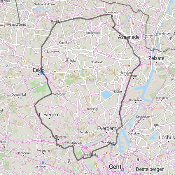 Miniatuurkaart van de fietsinspiratie "Boekhoute-Lovendegem-Eeklo" in Prov. Oost-Vlaanderen, Belgium. Gemaakt door de Tarmacs.app fietsrouteplanner