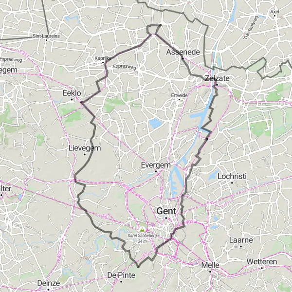 Miniatuurkaart van de fietsinspiratie "Rondrit naar Zelzate en Merendree" in Prov. Oost-Vlaanderen, Belgium. Gemaakt door de Tarmacs.app fietsrouteplanner