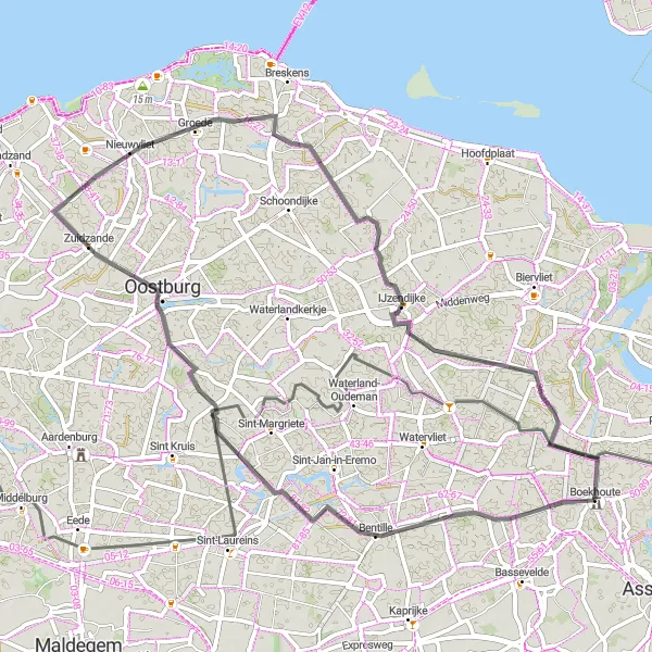 Miniatuurkaart van de fietsinspiratie "60 km Wegenroute rond Boekhoute" in Prov. Oost-Vlaanderen, Belgium. Gemaakt door de Tarmacs.app fietsrouteplanner