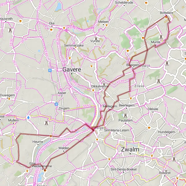 Map miniature of "Meilegem and Eine Gravel Route" cycling inspiration in Prov. Oost-Vlaanderen, Belgium. Generated by Tarmacs.app cycling route planner