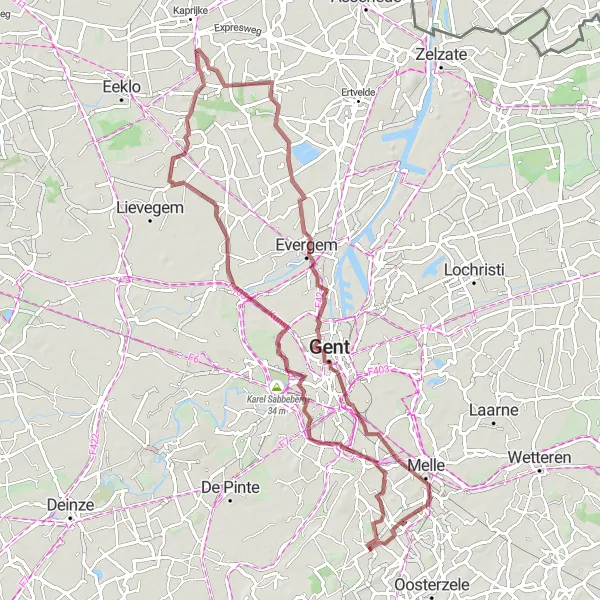 Map miniature of "Scenic Gravel Tour from Kasteel Bergwyk to Gontrode" cycling inspiration in Prov. Oost-Vlaanderen, Belgium. Generated by Tarmacs.app cycling route planner