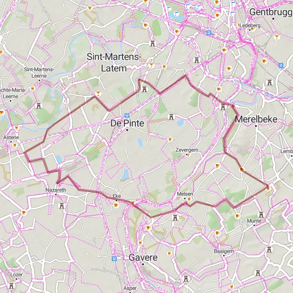 Miniatuurkaart van de fietsinspiratie "Verkenningstocht door Eke en Bottelare" in Prov. Oost-Vlaanderen, Belgium. Gemaakt door de Tarmacs.app fietsrouteplanner