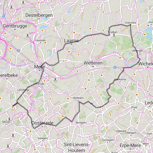Map miniature of "Exploring Scenic Routes of Oost-Vlaanderen" cycling inspiration in Prov. Oost-Vlaanderen, Belgium. Generated by Tarmacs.app cycling route planner