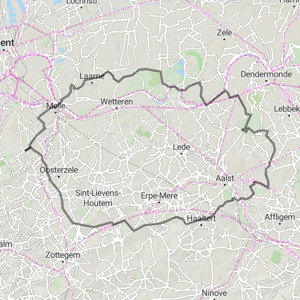 Map miniature of "Picture-Perfect Landscapes and Challenging Climbs" cycling inspiration in Prov. Oost-Vlaanderen, Belgium. Generated by Tarmacs.app cycling route planner