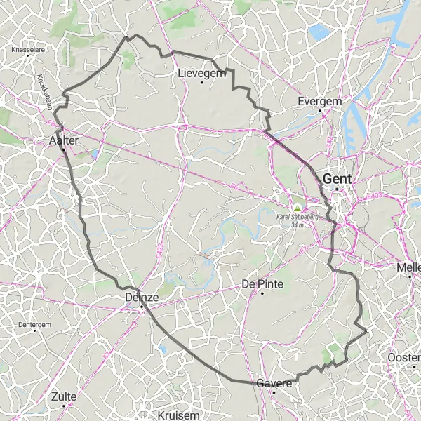 Miniatuurkaart van de fietsinspiratie "Route van Bottelare naar Gavere en Merelbeke" in Prov. Oost-Vlaanderen, Belgium. Gemaakt door de Tarmacs.app fietsrouteplanner