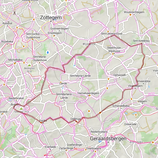 Miniatuurkaart van de fietsinspiratie "Tenbosse en Deftinge gravelroute" in Prov. Oost-Vlaanderen, Belgium. Gemaakt door de Tarmacs.app fietsrouteplanner