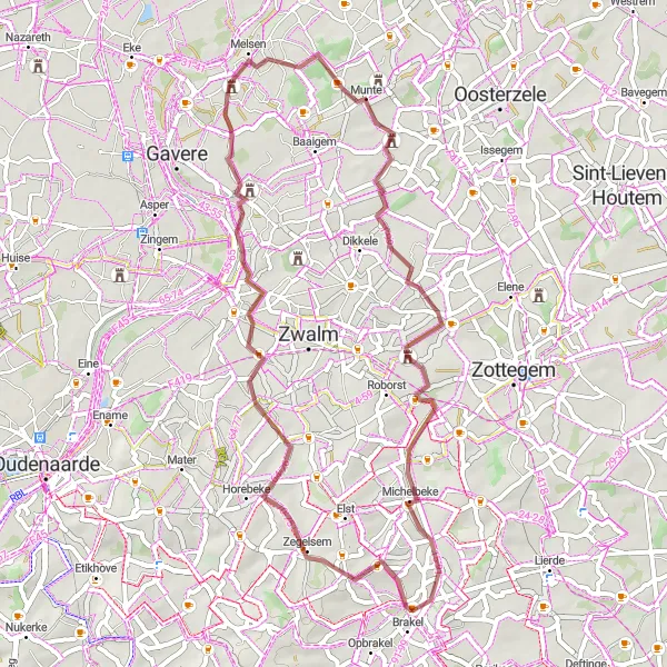 Miniatuurkaart van de fietsinspiratie "Valkenberg en Haaghoek gravelpad" in Prov. Oost-Vlaanderen, Belgium. Gemaakt door de Tarmacs.app fietsrouteplanner