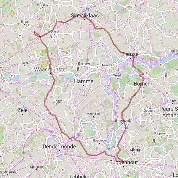 Karten-Miniaturansicht der Radinspiration "Gravelroute durch das Waasland" in Prov. Oost-Vlaanderen, Belgium. Erstellt vom Tarmacs.app-Routenplaner für Radtouren