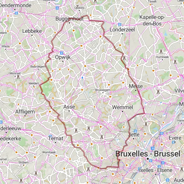Miniatuurkaart van de fietsinspiratie "Gravelavontuur door Opstal en Nijverseel" in Prov. Oost-Vlaanderen, Belgium. Gemaakt door de Tarmacs.app fietsrouteplanner
