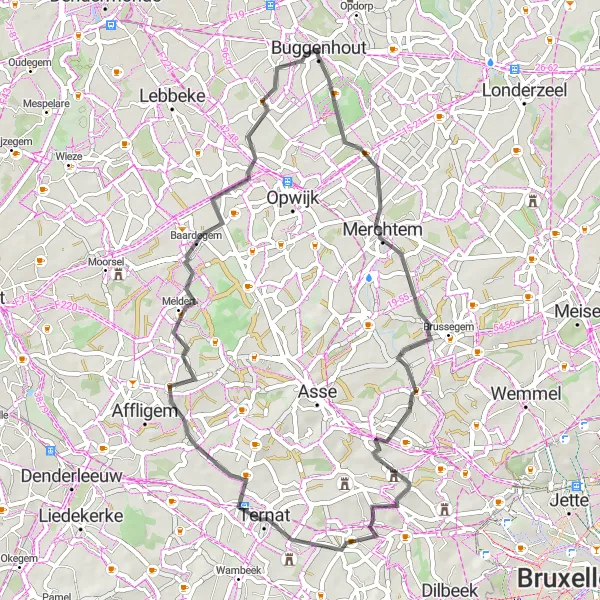 Map miniature of "Buggenhout Road Route" cycling inspiration in Prov. Oost-Vlaanderen, Belgium. Generated by Tarmacs.app cycling route planner