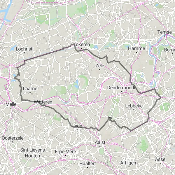 Map miniature of "Cycling Through Opstal and Serskamp" cycling inspiration in Prov. Oost-Vlaanderen, Belgium. Generated by Tarmacs.app cycling route planner