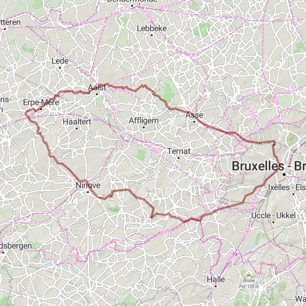 Map miniature of "Aalst and Molenbeek-Saint-Jean Gravel Escape" cycling inspiration in Prov. Oost-Vlaanderen, Belgium. Generated by Tarmacs.app cycling route planner