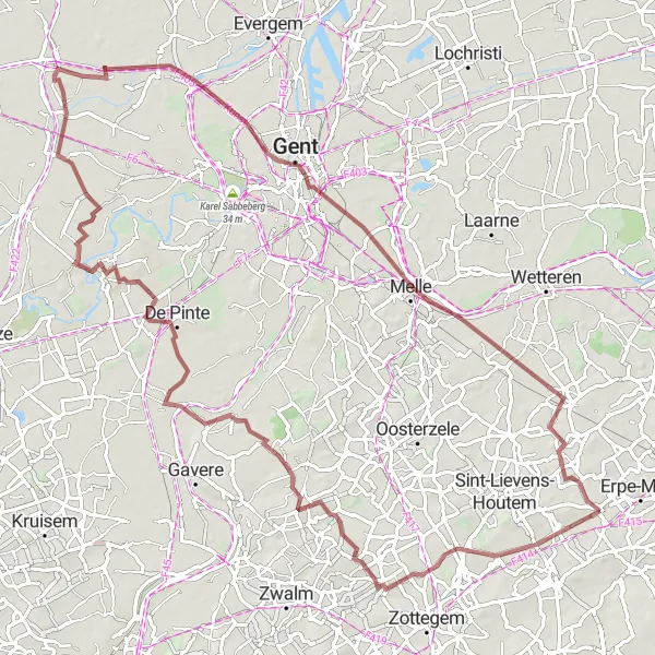 Map miniature of "Velzeke-Ruddershove and Kwatrecht Gravel Odyssey" cycling inspiration in Prov. Oost-Vlaanderen, Belgium. Generated by Tarmacs.app cycling route planner