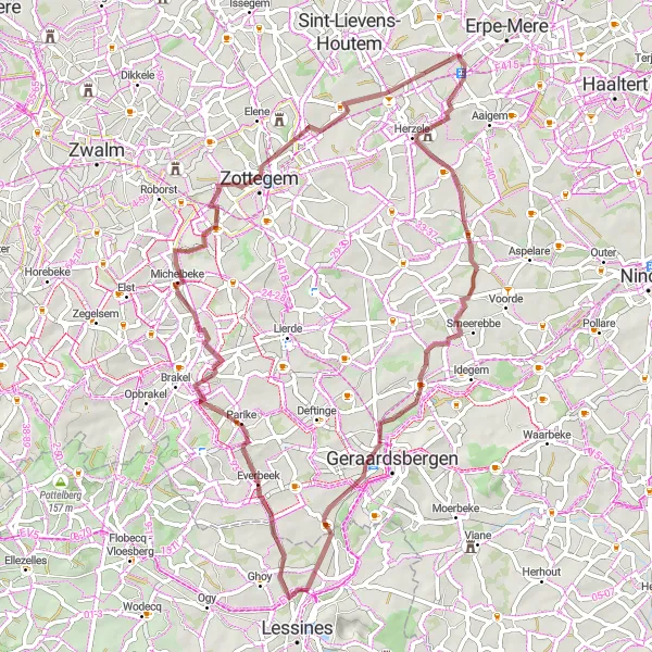 Map miniature of "Woubrechtegem and Parikeberg Gravel Route" cycling inspiration in Prov. Oost-Vlaanderen, Belgium. Generated by Tarmacs.app cycling route planner