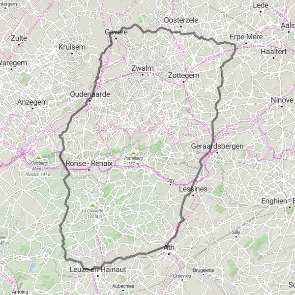 Map miniature of "Ath and Paterberg Road Cycling Adventure" cycling inspiration in Prov. Oost-Vlaanderen, Belgium. Generated by Tarmacs.app cycling route planner