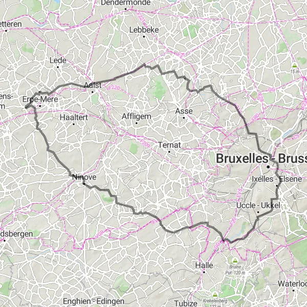 Miniatuurkaart van de fietsinspiratie "Uitdagende wegfietsroute van 99 km" in Prov. Oost-Vlaanderen, Belgium. Gemaakt door de Tarmacs.app fietsrouteplanner