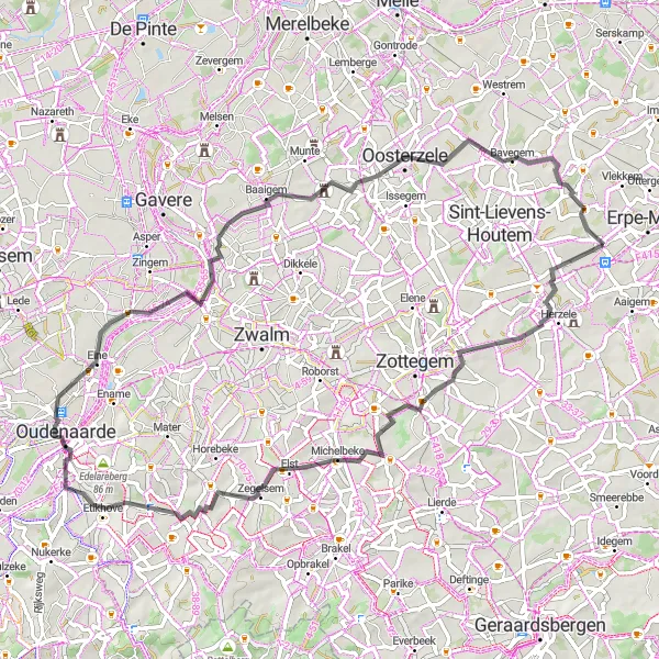 Miniatuurkaart van de fietsinspiratie "Baardegem-Godveerdegem" in Prov. Oost-Vlaanderen, Belgium. Gemaakt door de Tarmacs.app fietsrouteplanner