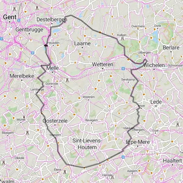 Map miniature of "Scenic Road Escape near Burst" cycling inspiration in Prov. Oost-Vlaanderen, Belgium. Generated by Tarmacs.app cycling route planner