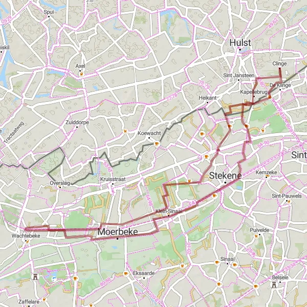 Karten-Miniaturansicht der Radinspiration "Kurze Gravel-Runde ab De Klinge" in Prov. Oost-Vlaanderen, Belgium. Erstellt vom Tarmacs.app-Routenplaner für Radtouren