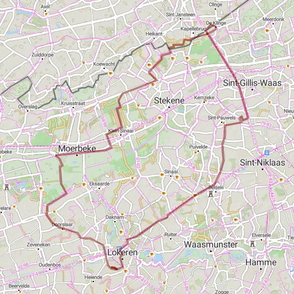 Karten-Miniaturansicht der Radinspiration "Gravelrunde von De Klinge nach Hellestraat" in Prov. Oost-Vlaanderen, Belgium. Erstellt vom Tarmacs.app-Routenplaner für Radtouren