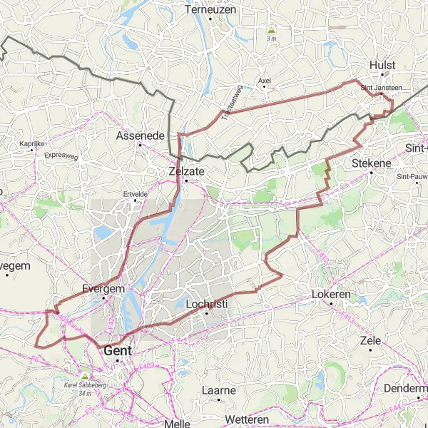 Miniature de la carte de l'inspiration cycliste "Boucle Gravel de Uitzichtpunt Niemandsland à Waterkorenmolen" dans la Prov. Oost-Vlaanderen, Belgium. Générée par le planificateur d'itinéraire cycliste Tarmacs.app